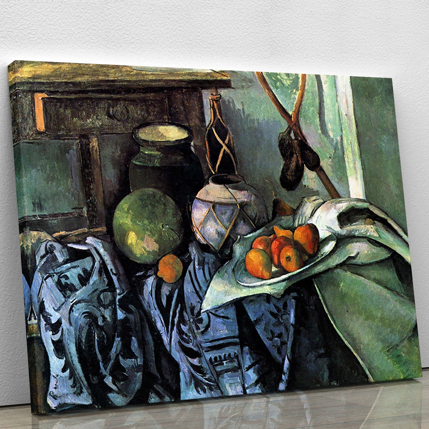 Still Life with Eggplant by Cezanne, a vibrant canvas print showcasing eggplants and fruits in a classic still life arrangement.